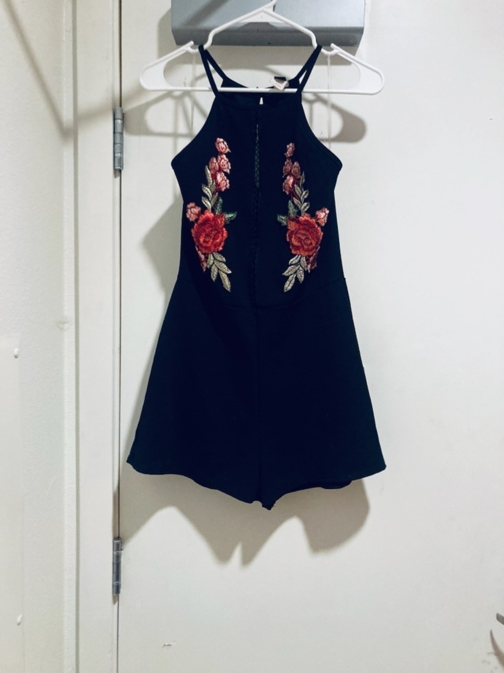 Windsor Black Halter Romper with Pink and Green Floral Embroidery